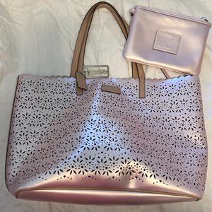 RESERVED:  Coach Metallic Pearly Pink Perforated Laser Cut Tote and Pouch